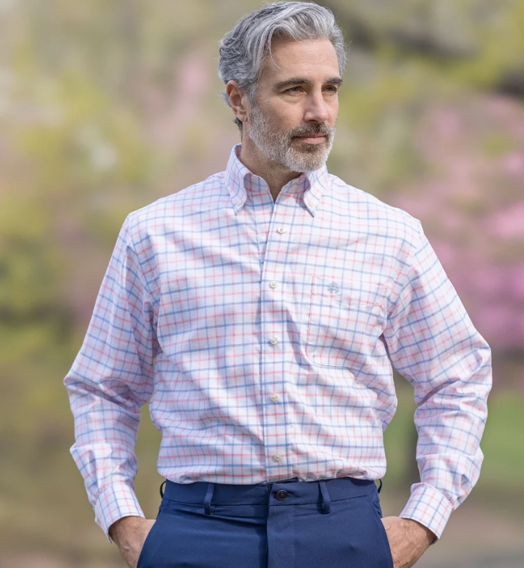 Brooks Brothers X MagnaReady Stretch Long Sleeve Pink Plaid Button-Down Collar with Magnetic Closures